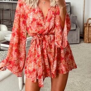 Pink Lily floral faux wrap v neck wide arm sheer romper